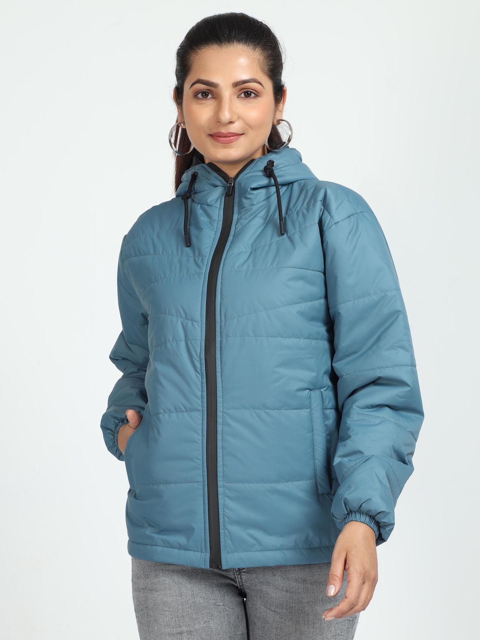 Women Air Force Blue Bomber Jacket with Hood