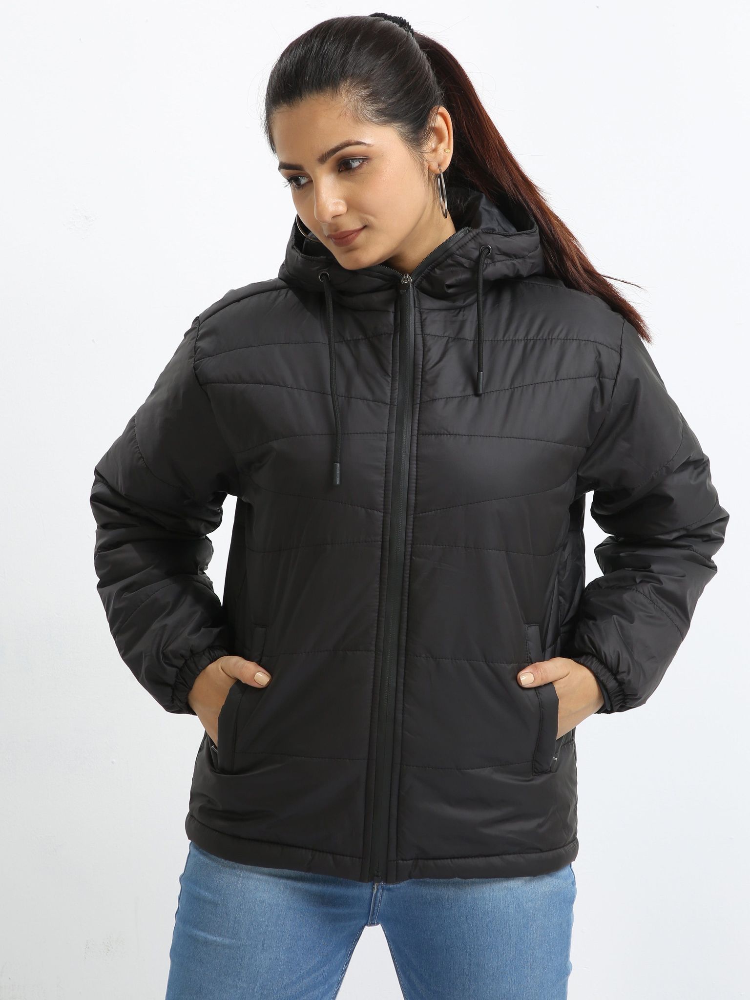 Women Black Bomber Jacket with Hood