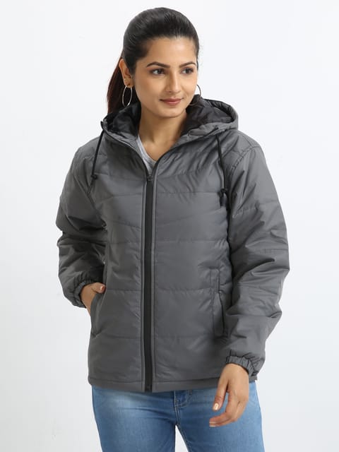 Women Dove Grey Bomber Jacket with Hood