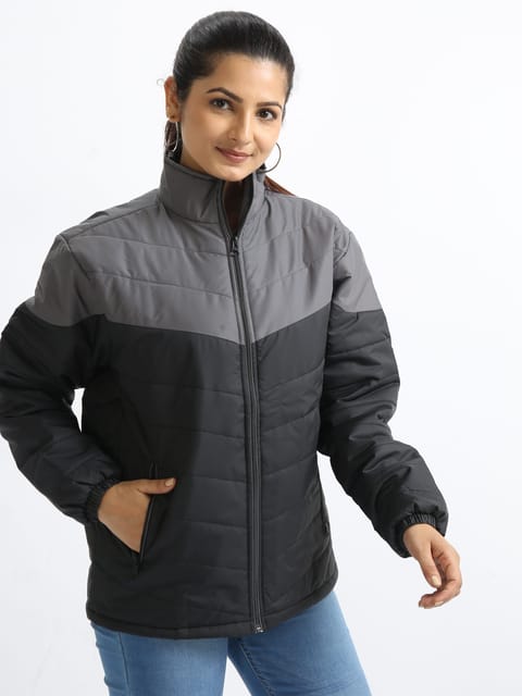 Women Grey-Black Bomber Jacket