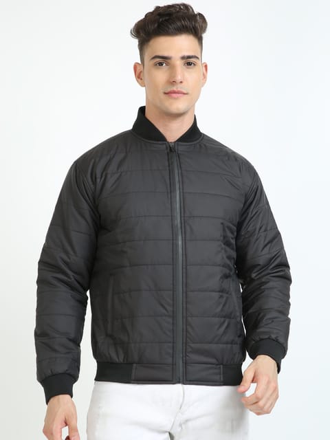 Men Black Bomber Rib Style Jacket