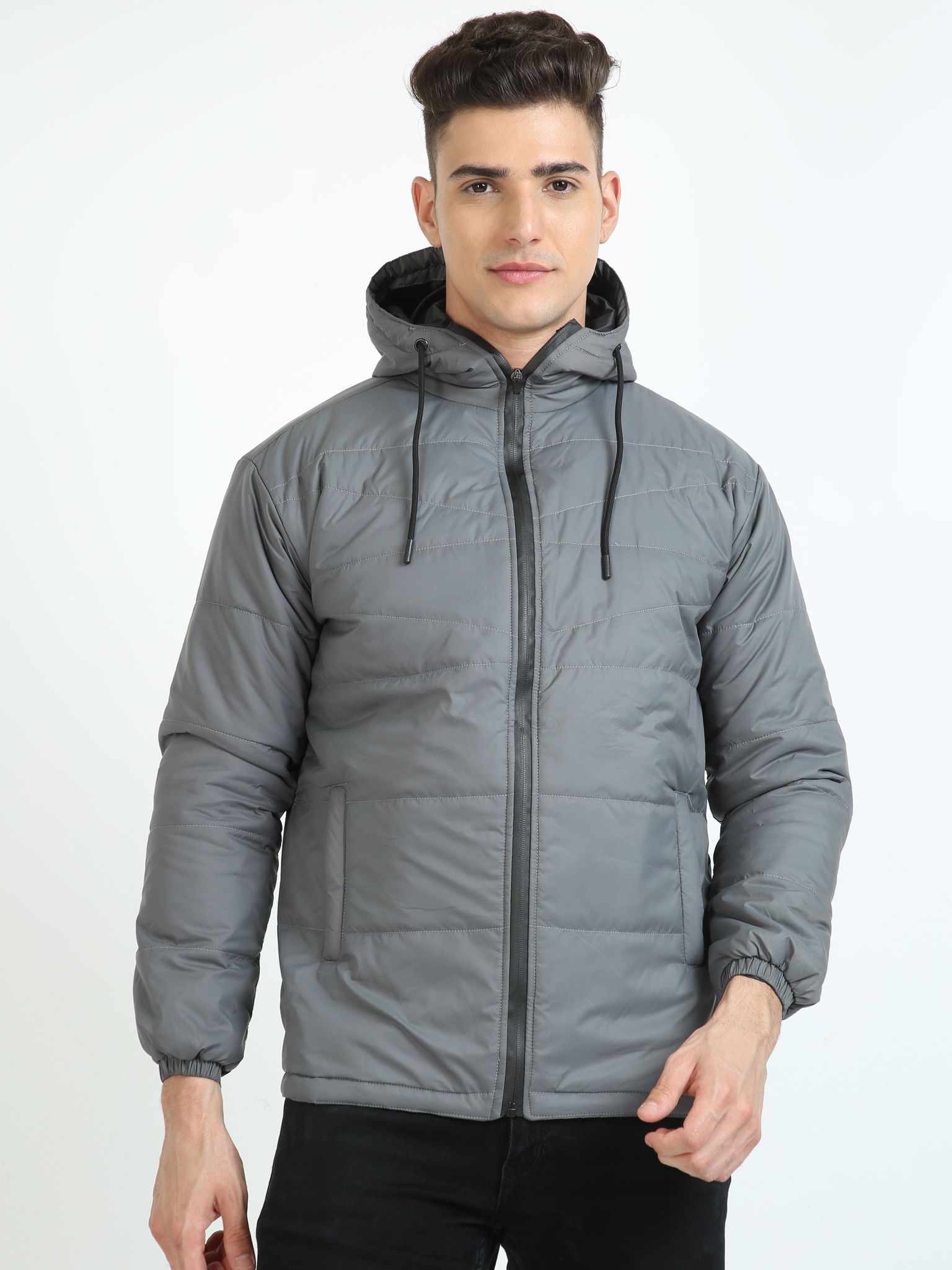 Men Dove Grey Bomber Jacket with Hood