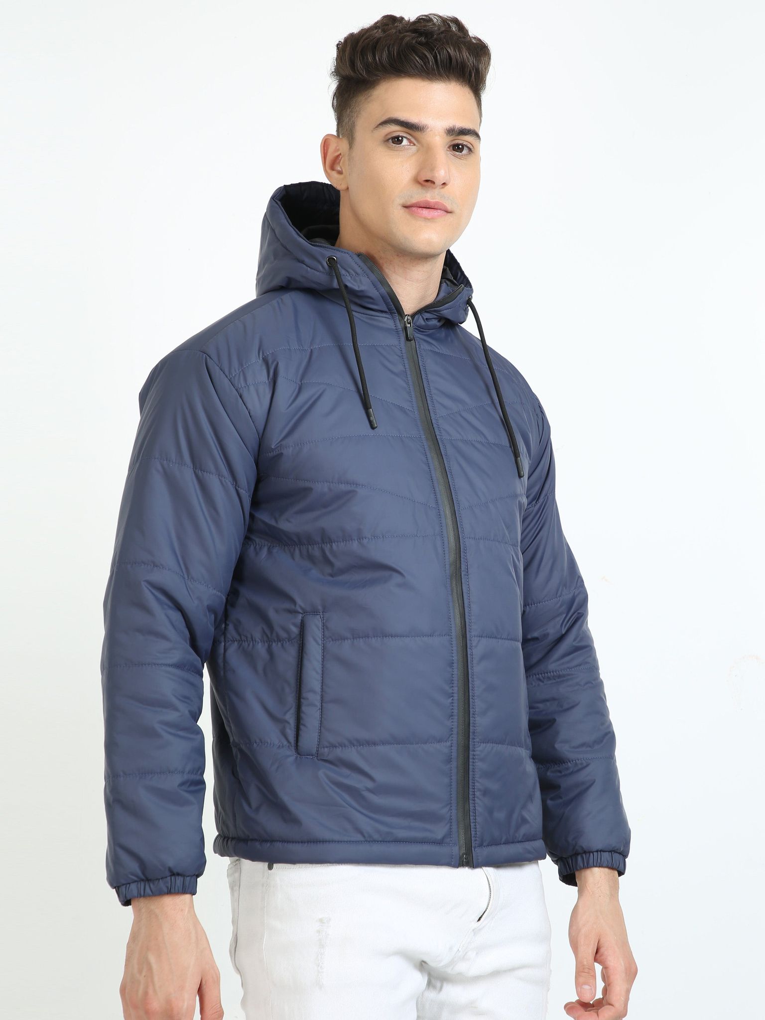 Men Navy Blue Bomber Jacket with Hood