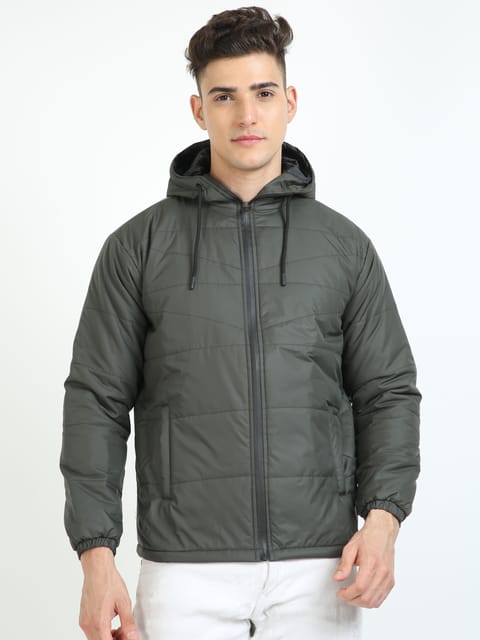 Men Olive Green Bomber Jacket with Hood