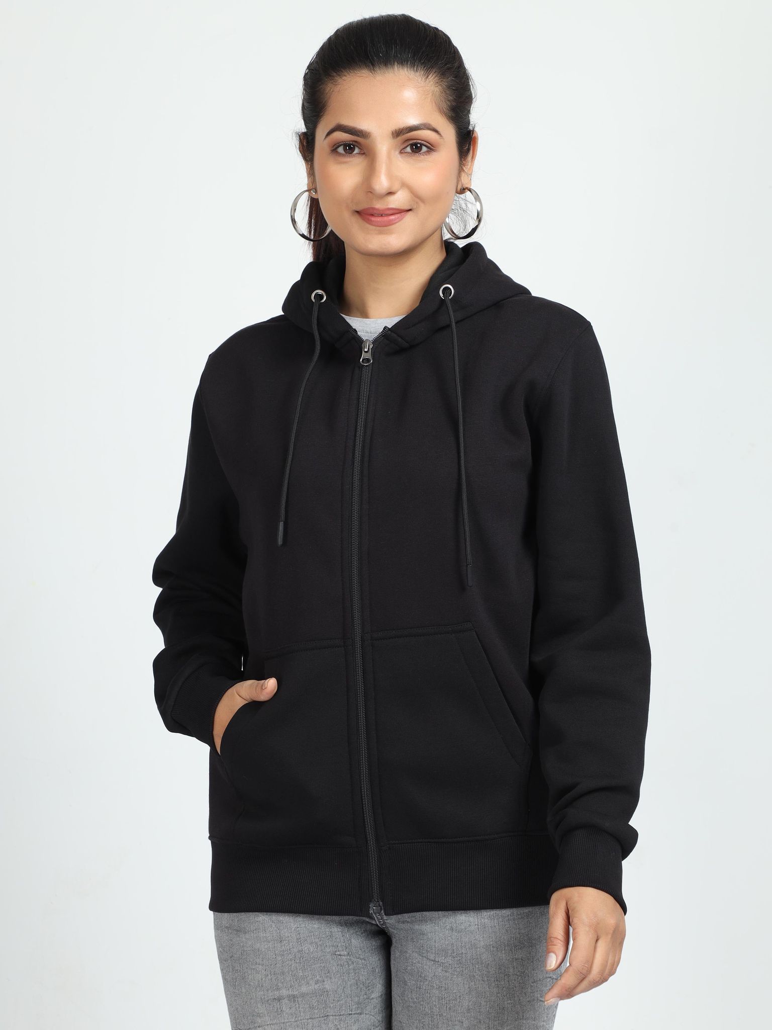 Women Black Zipper Hoodie