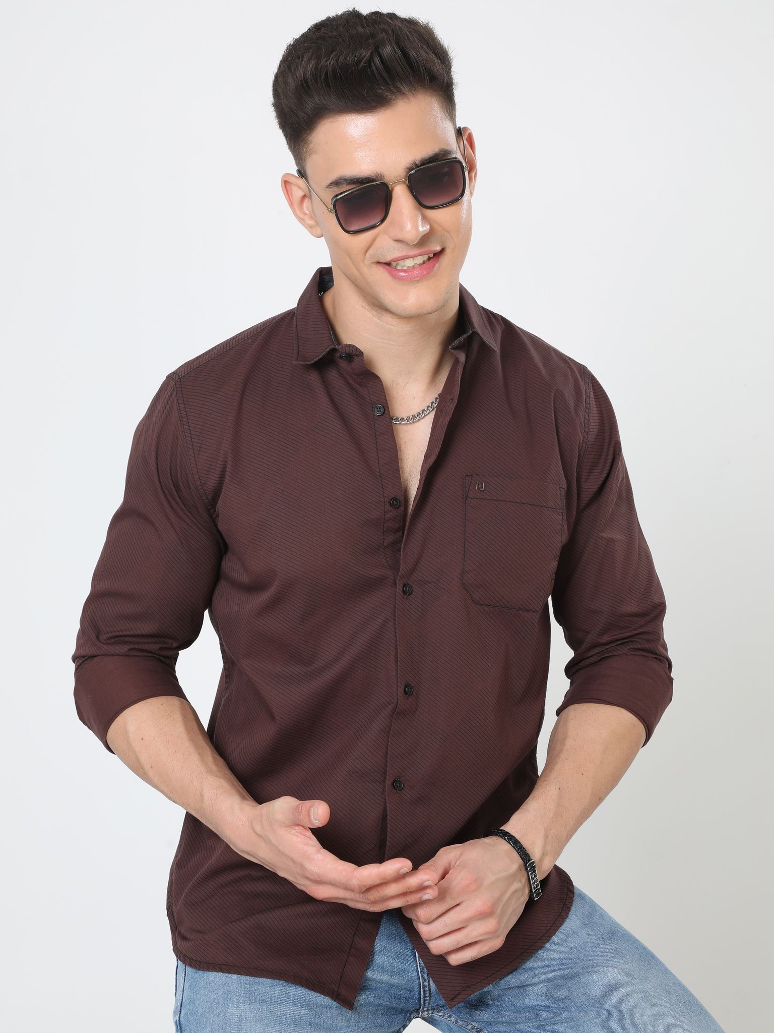 Urbaro Brown Striped Shirt For Men