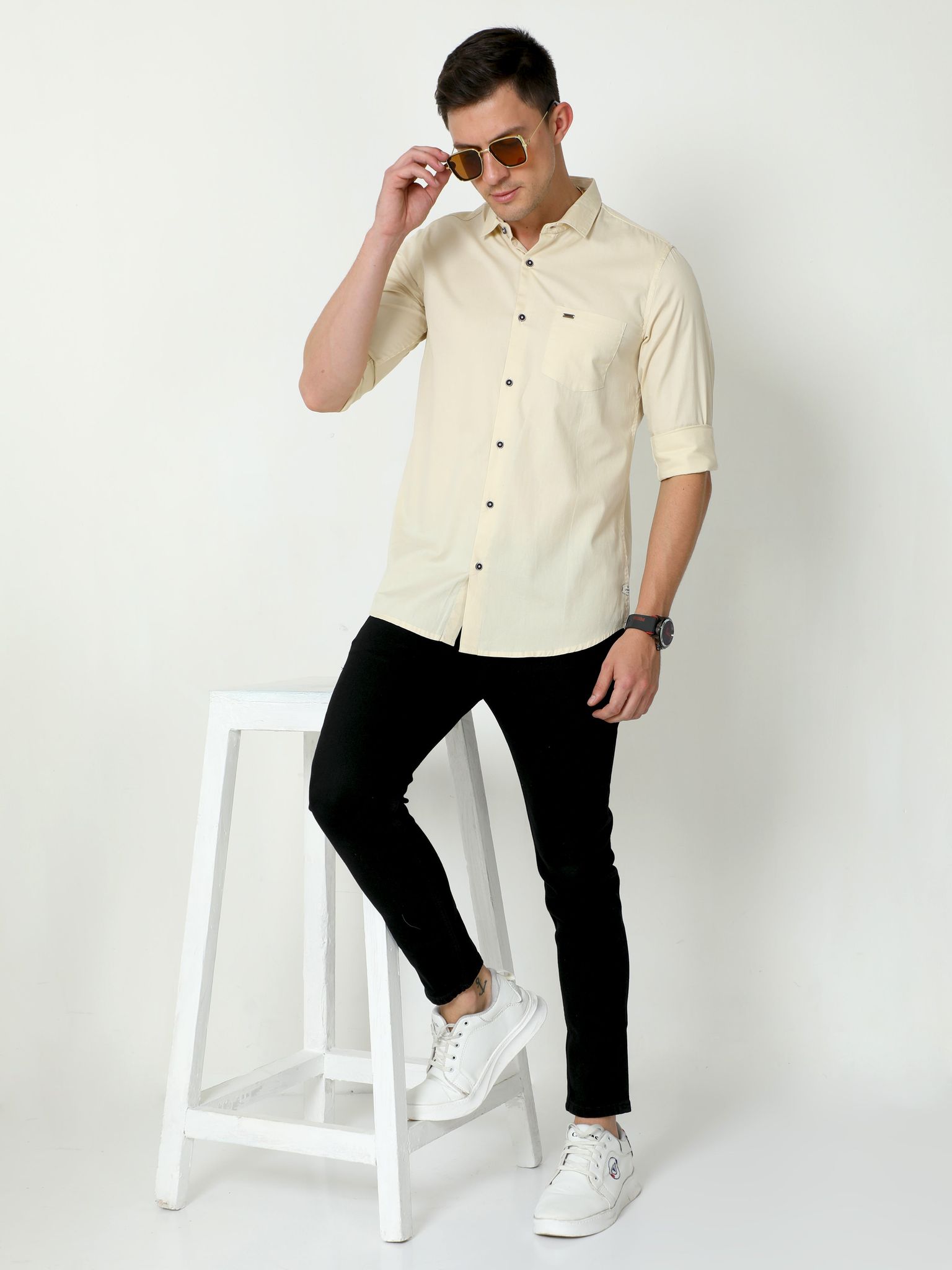 Urbaro Beige Full Sleeve Plain Shirt