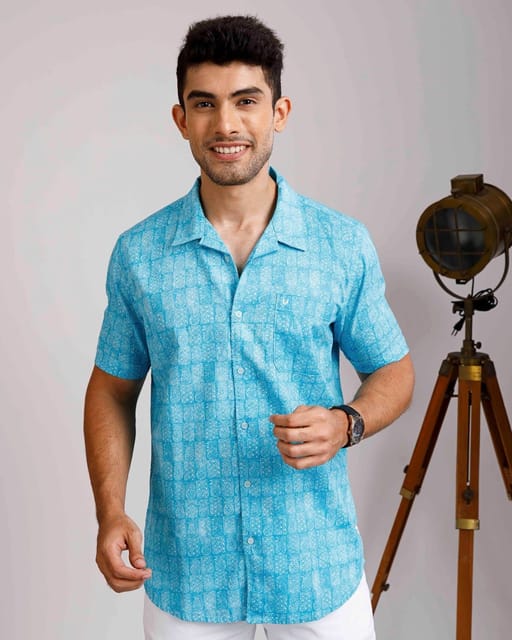 Tropical Linen Sky Blue Print Shirt