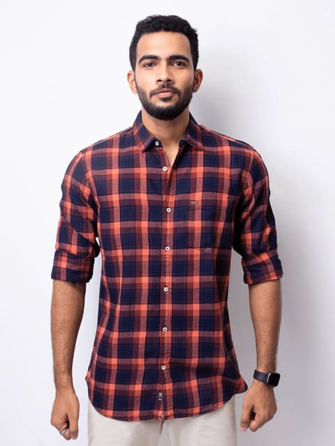 Urbaro Orange Full Sleeve Checks Shirt