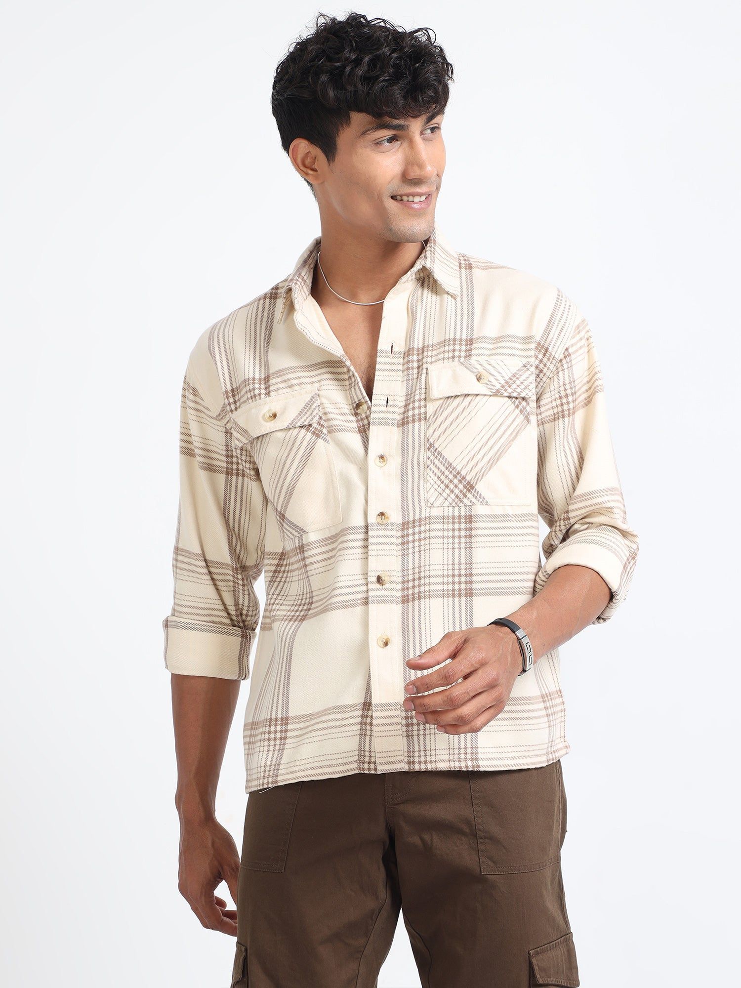 Men Flannel Oversized Shirt-Beige