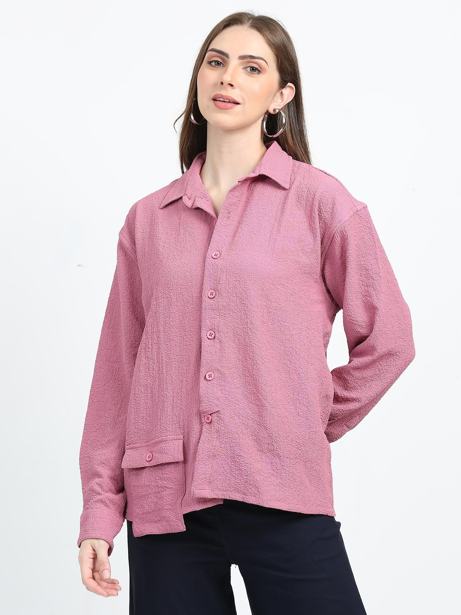 Women Drop pocket Popcorn oversized shirt-Cherry