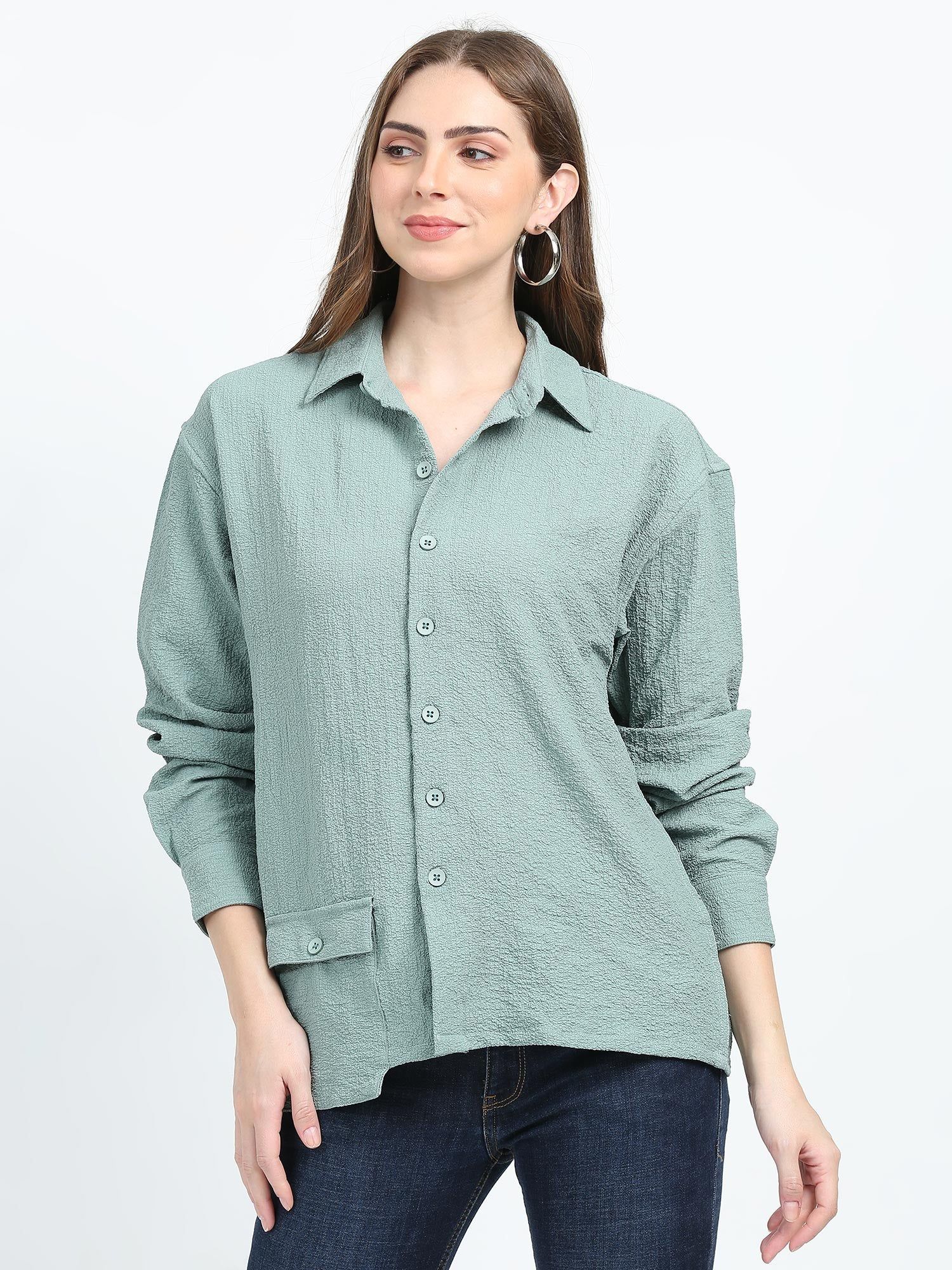 Women Drop pocket Popcorn oversized shirt-Fern