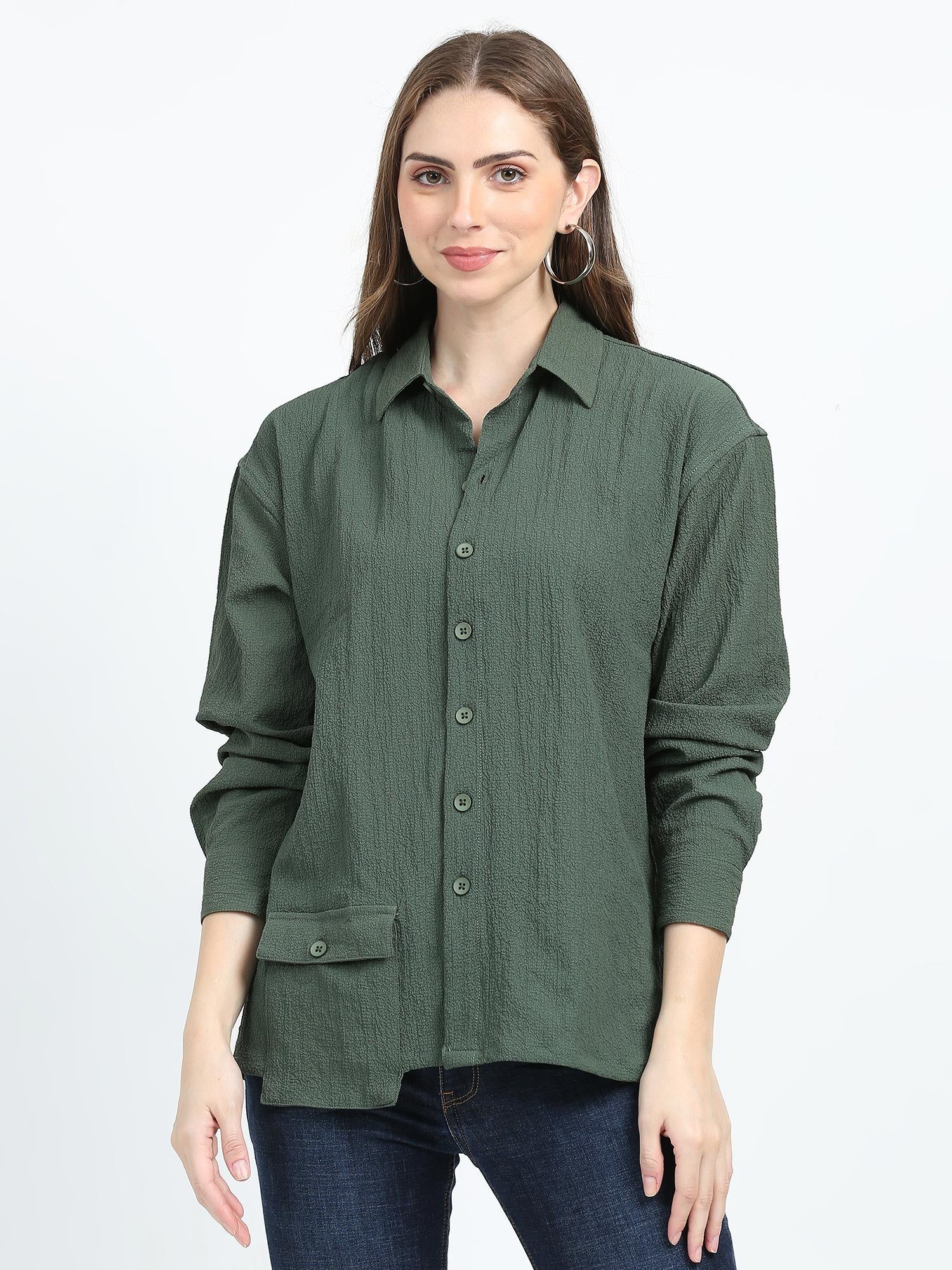 Women Drop pocket Popcorn oversized shirt-Olive