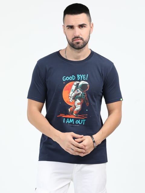 Caslay Sustainable - Good Bye I Am Out - Navy Blue Crew Neck Printed T-Shirt