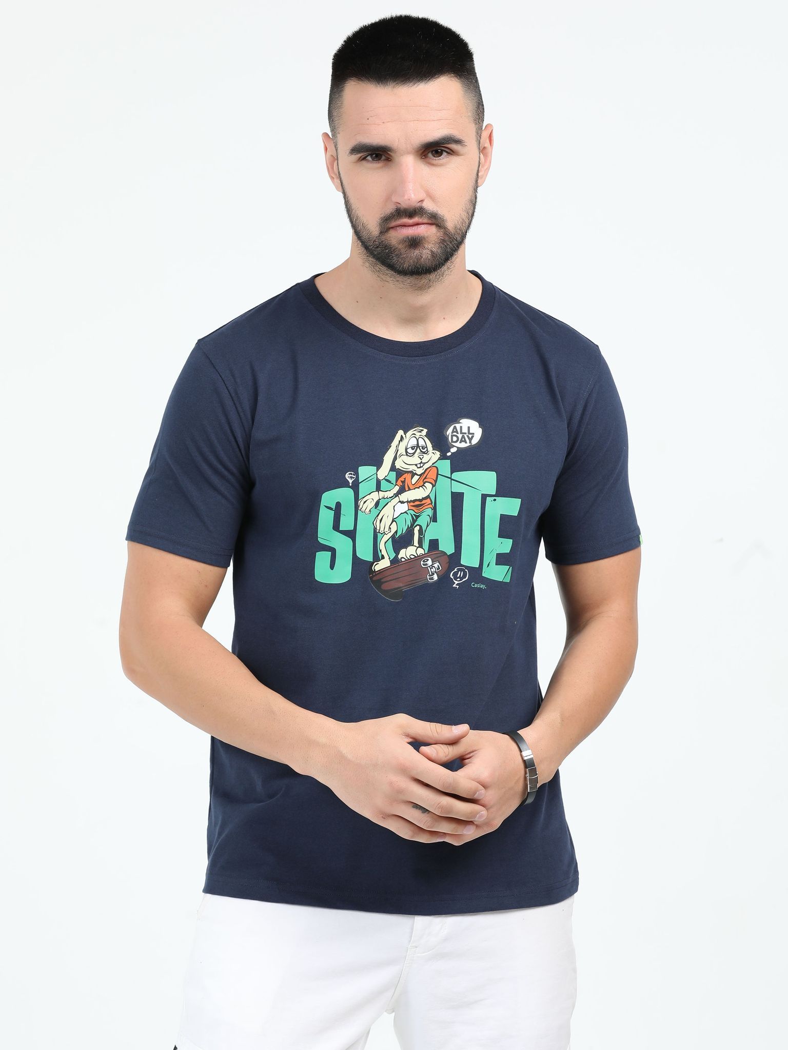 Caslay Sustainable - All Day Skate - Navy Blue Crew Neck Printed T-Shirt