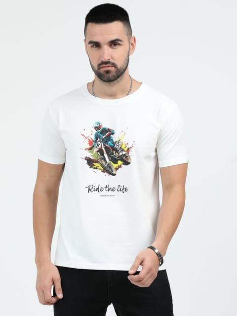 Caslay Sustainable - Ride The Life - White Crew Neck Printed T-Shirt