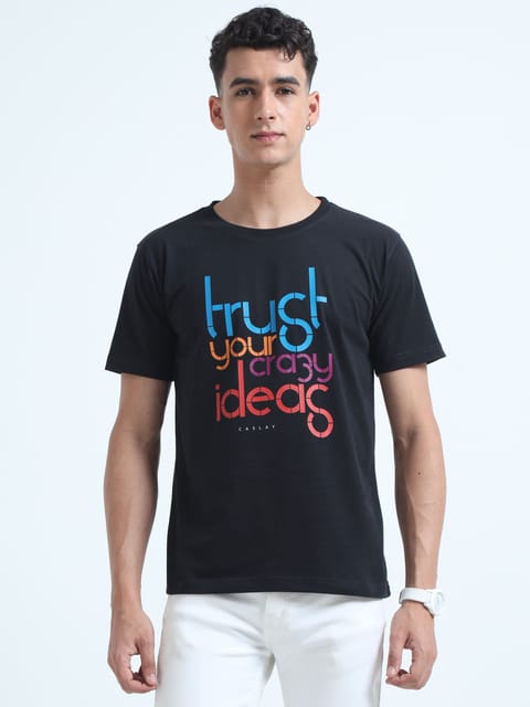 Caslay Sustainable - Trust Your Crazy Ideas - Black Crew Neck Printed T-Shirt