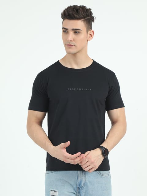 Caslay Sustainable - Responsible - Black Crew Neck Printed T-Shirt