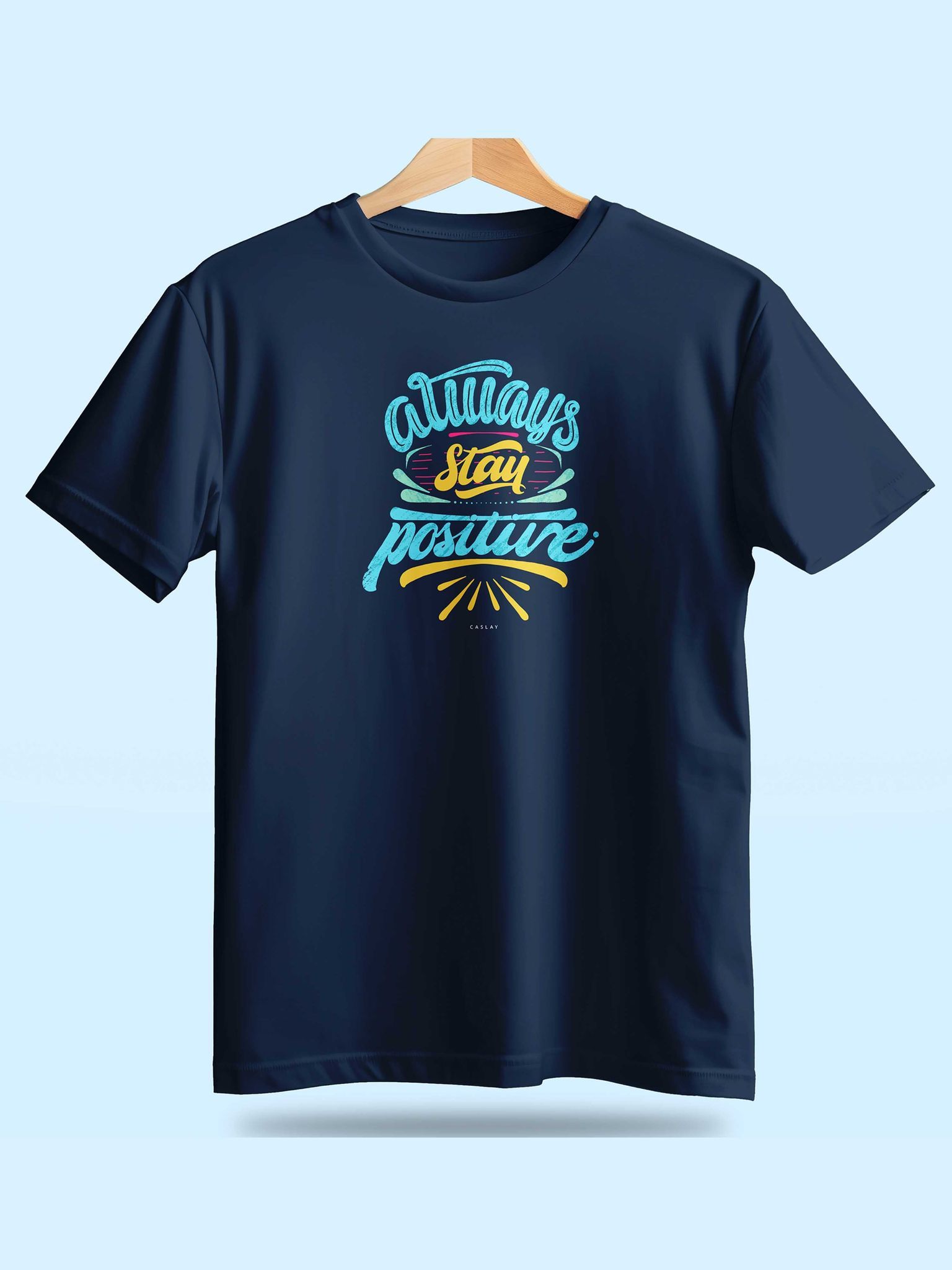 Caslay Sustainable - Always Stay Positive Navy Blue Crew Neck Printed T-Shirt