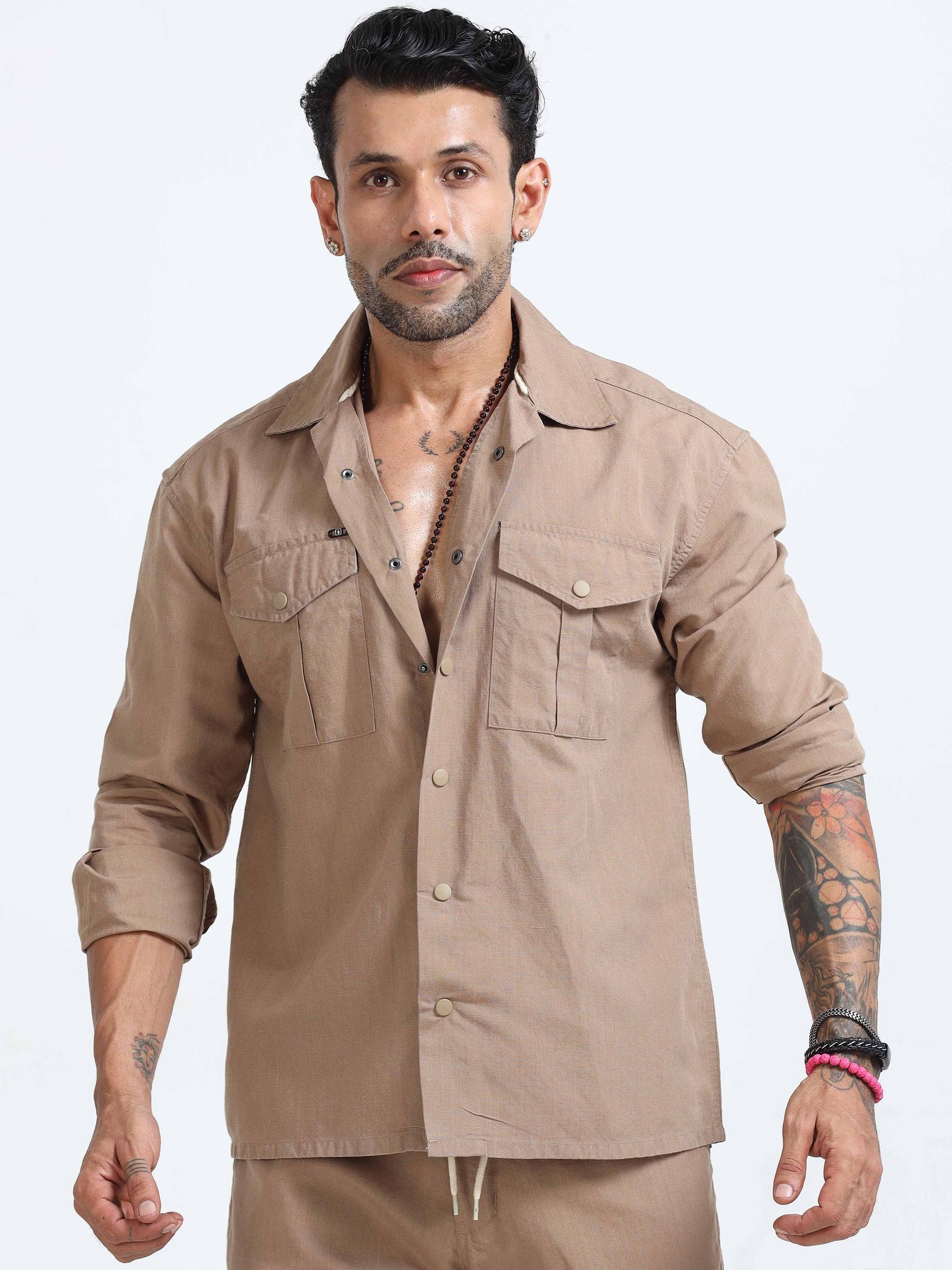 Style Shield Linen Shacket In Khaki