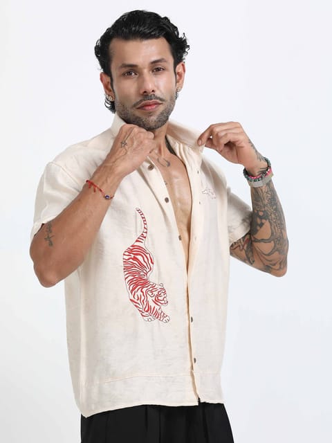 Tiger Embroidered Shirt In Cream