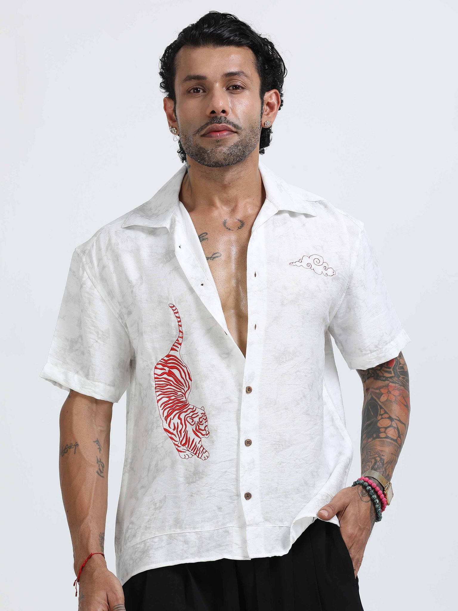 Tiger Embroidered Shirt In White