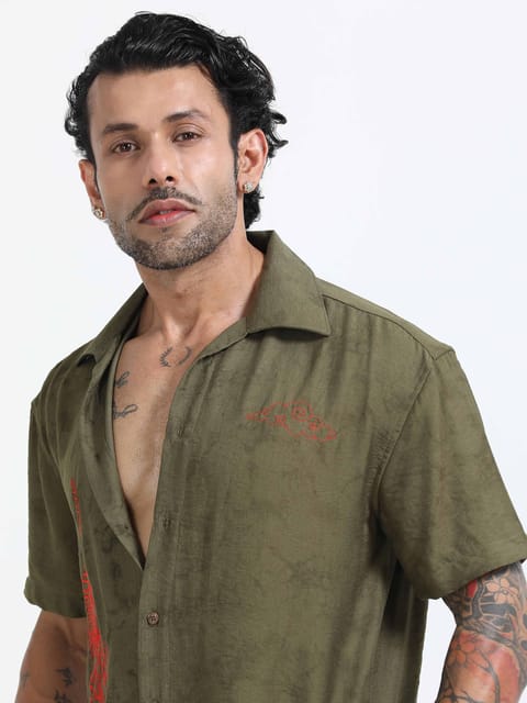 Tiger Embroidered Shirt  In Olive