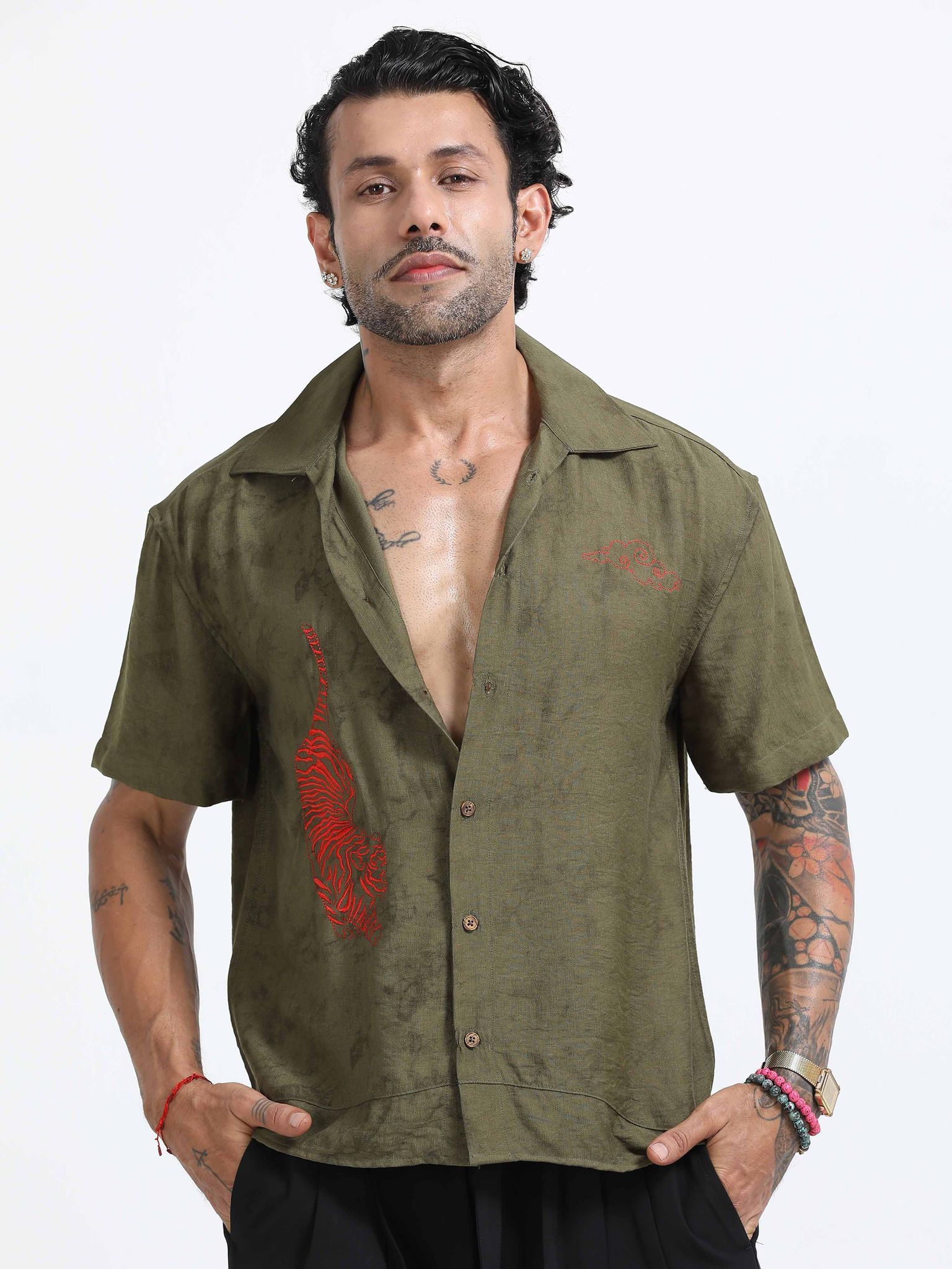 Tiger Embroidered Shirt  In Olive