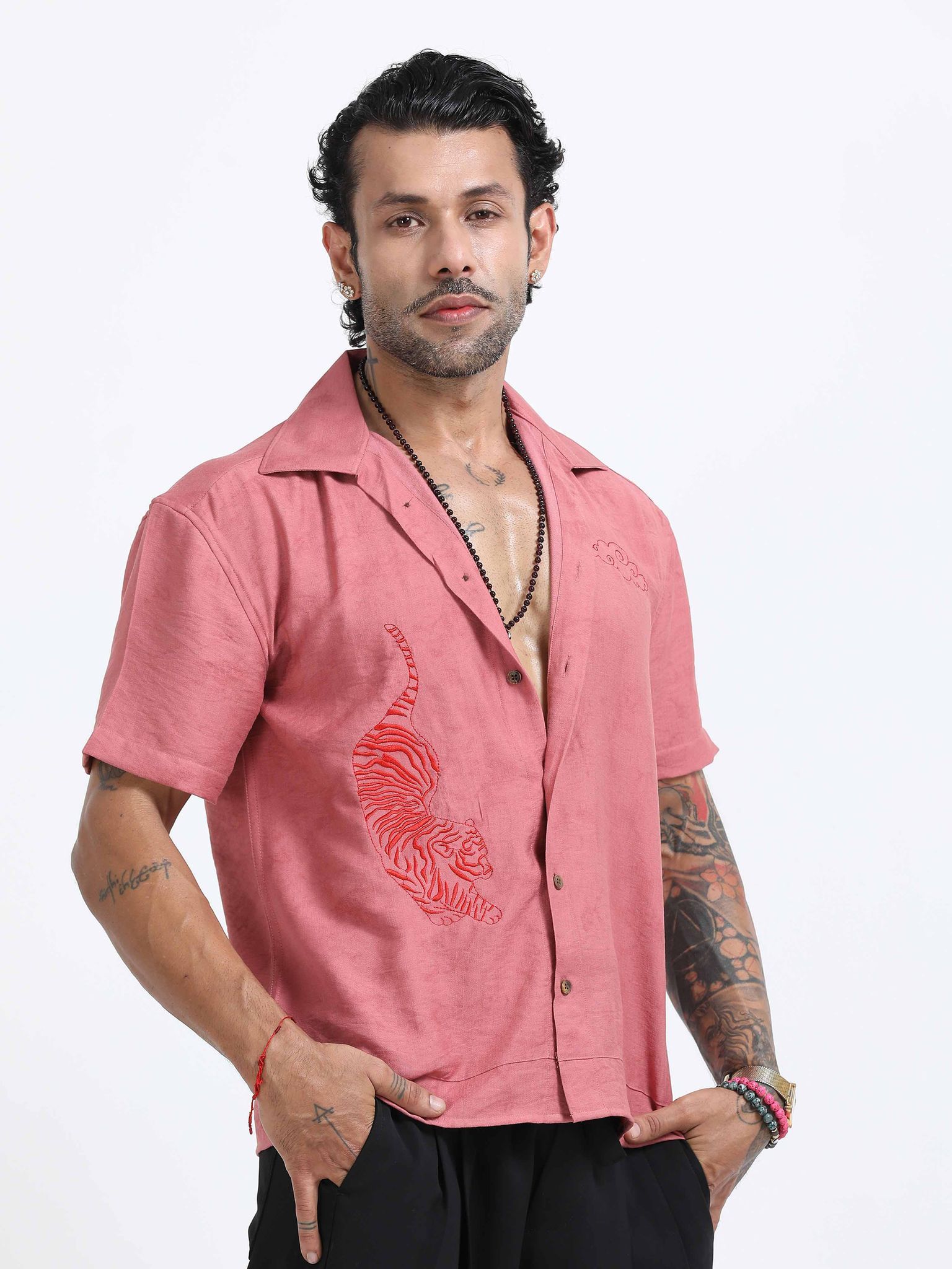 Tiger Embroidered Shirt In Pink