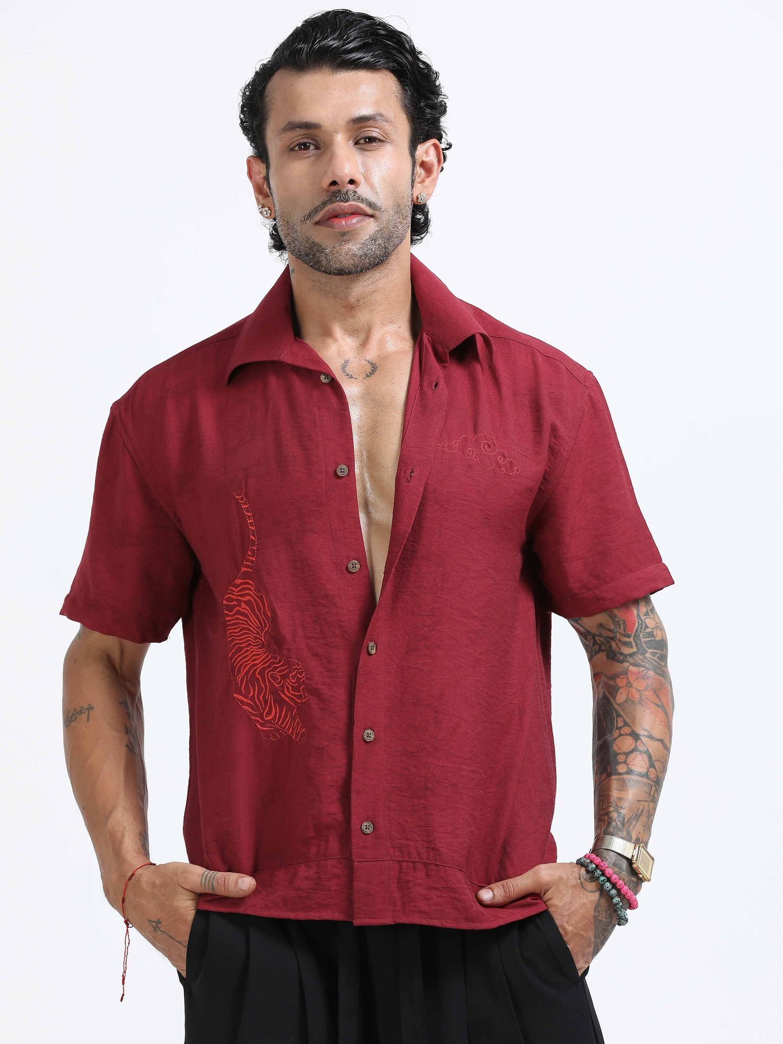 Tiger Embroidered Shirt In Red