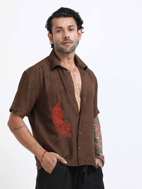 Tiger Embroidered Shirt In Brown