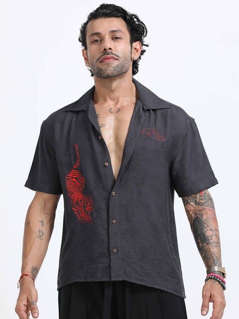 Tiger Embroidered Shirt In Dark Grey