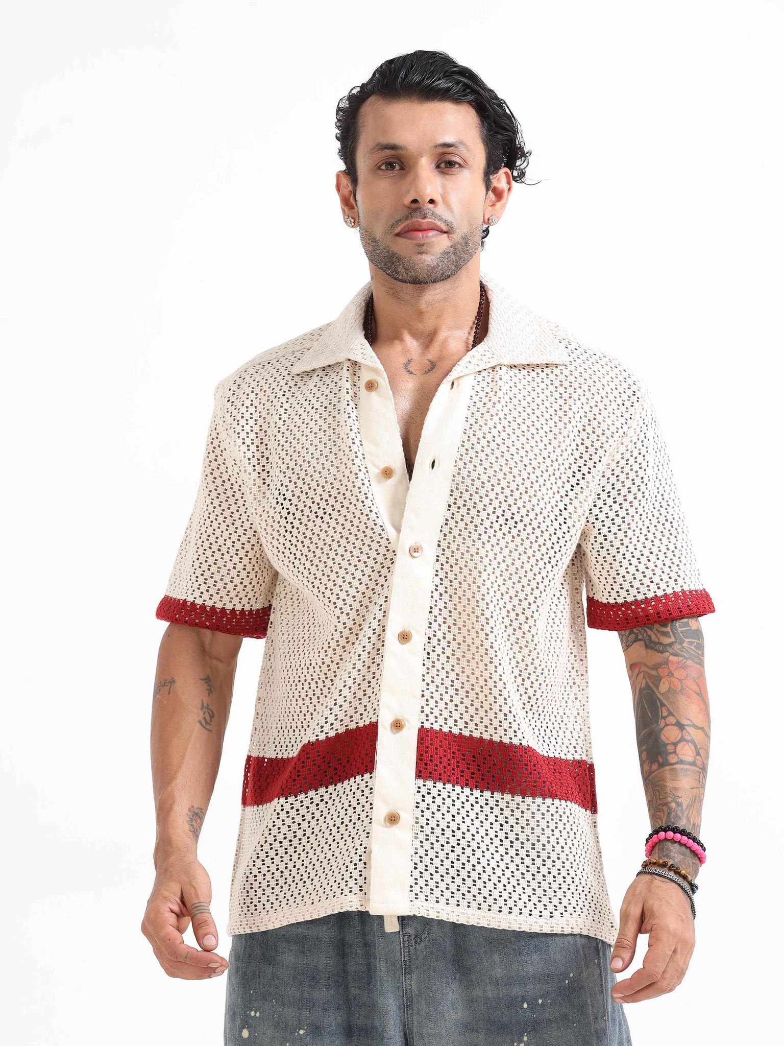 Artisan Crochet Knit Shirt In Red Stripe