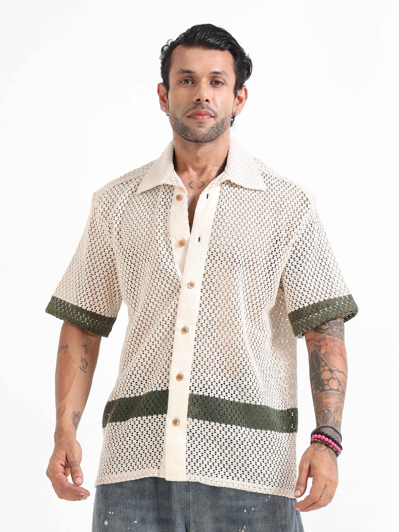 Artisan Crochet Knit Shirt In Green Stripe