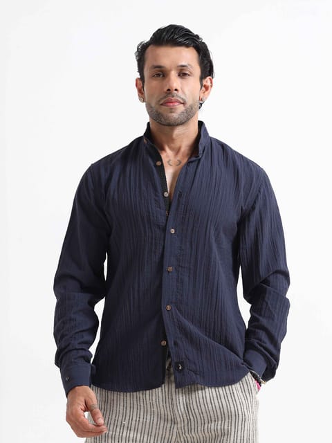 Premium Crushed Mandarin Shirt In Blue