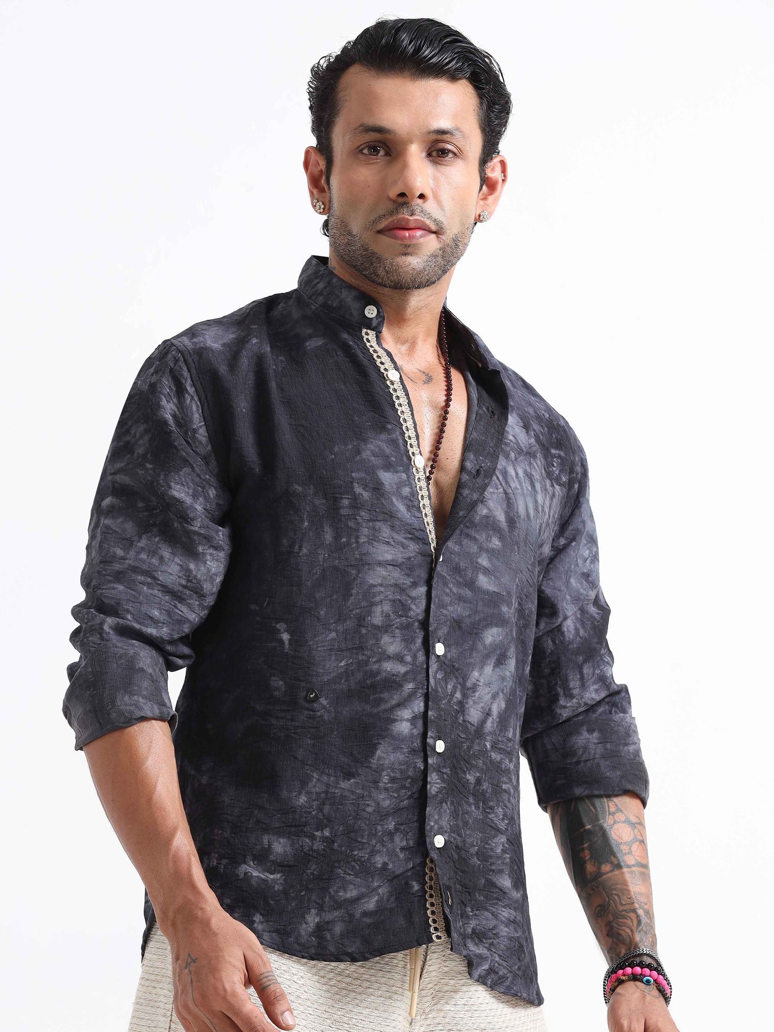 Whispering Waves Mandarin Shirt In Black