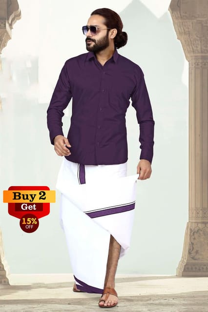 Acrylic Dhoti & Shirt Set Purple Full Sleeve