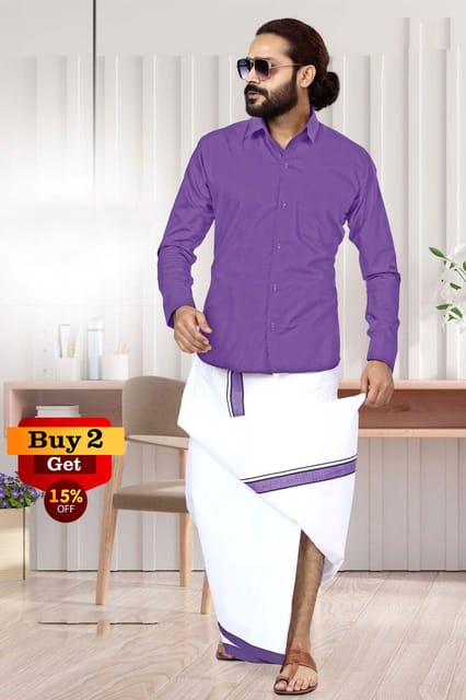 Acrylic Dhoti & Shirt Set Violet Full Sleeve