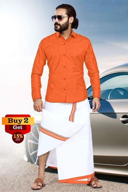 Acrylic Dhoti & Shirt Set Orange Full Sleeve