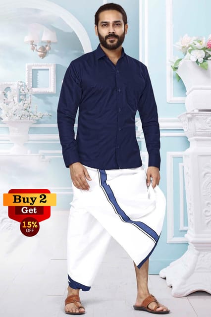 Acrylic Dhoti & Shirt Set Navy Blue Full Sleeve