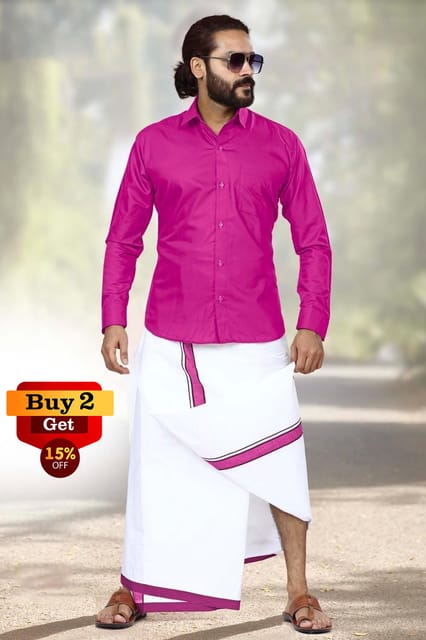 Acrylic Dhoti & Shirt Set Pink Full Sleeve