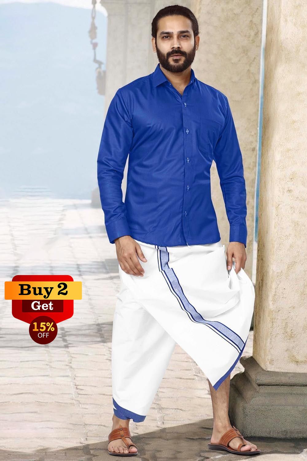 Acrylic Dhoti & Shirt Set Blue Full Sleeve