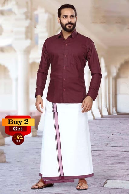 Acrylic Dhoti & Shirt Set Maroon Full Sleeve