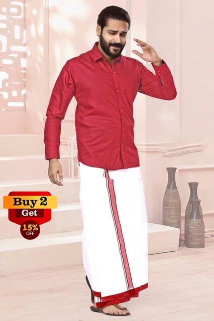 Acrylic Dhoti & Shirt Set Red Half Sleeve