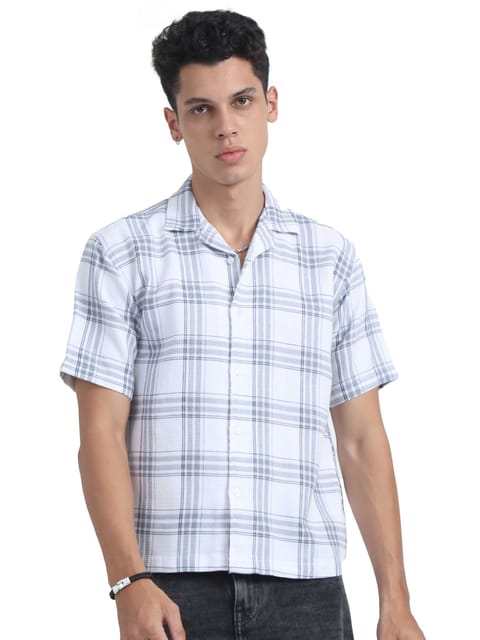 Men Checks Jacquard Oversized Shirt-White