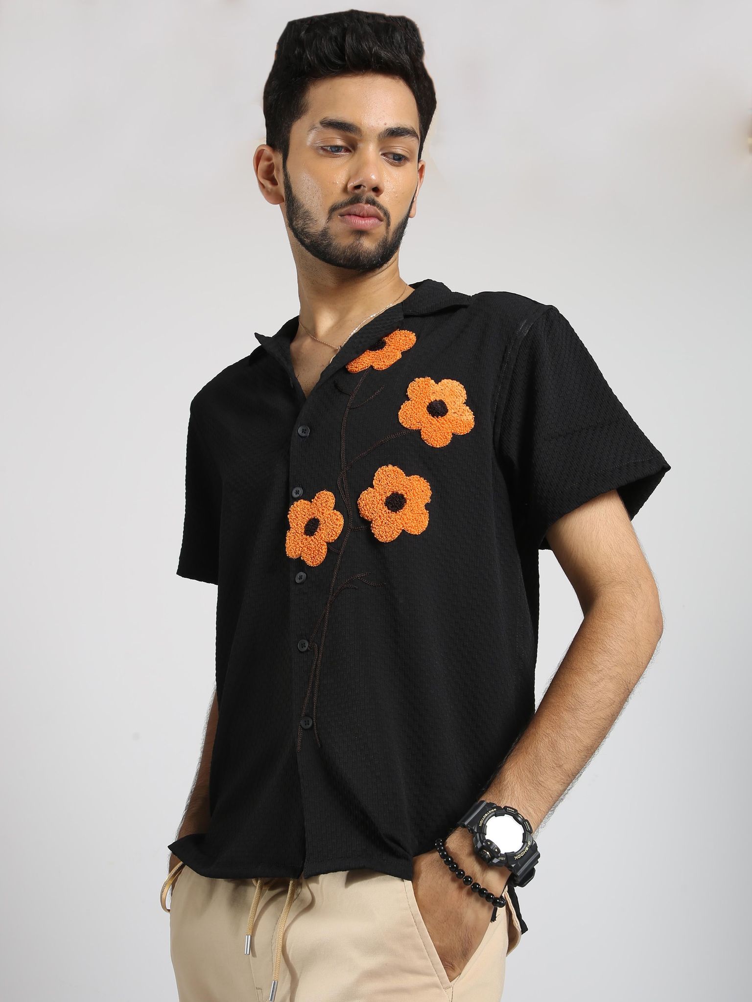 Men Sunflower Baggy Shirt-Black