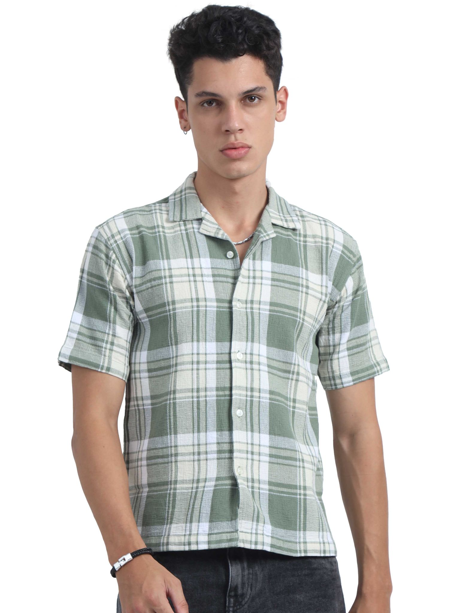 Men Checks Jacquard Oversized Shirt-Green