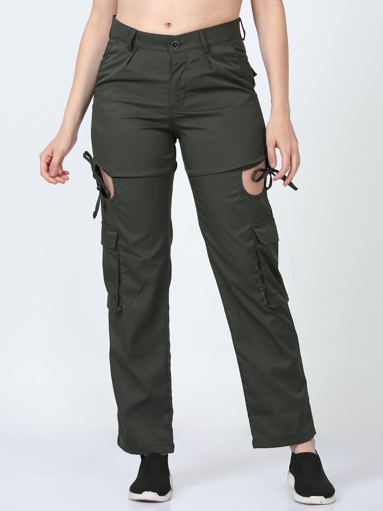 Women Dual Pocket Slashed Trousers-Olive