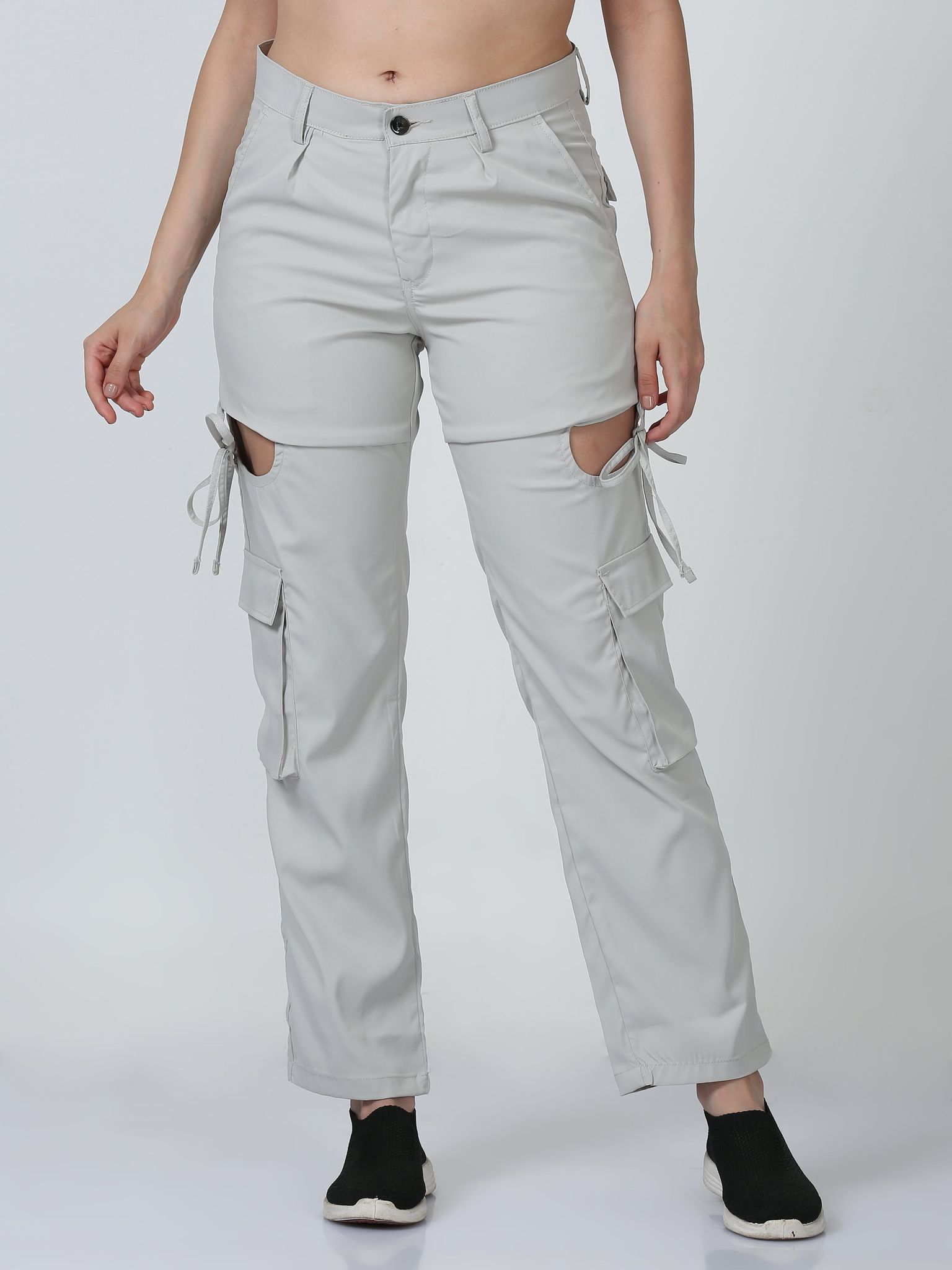 Women Dual Pocket Slashed Trousers-Cream