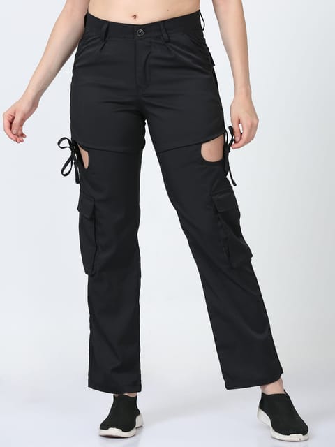 Women Dual Pocket Slashed Trousers-Black